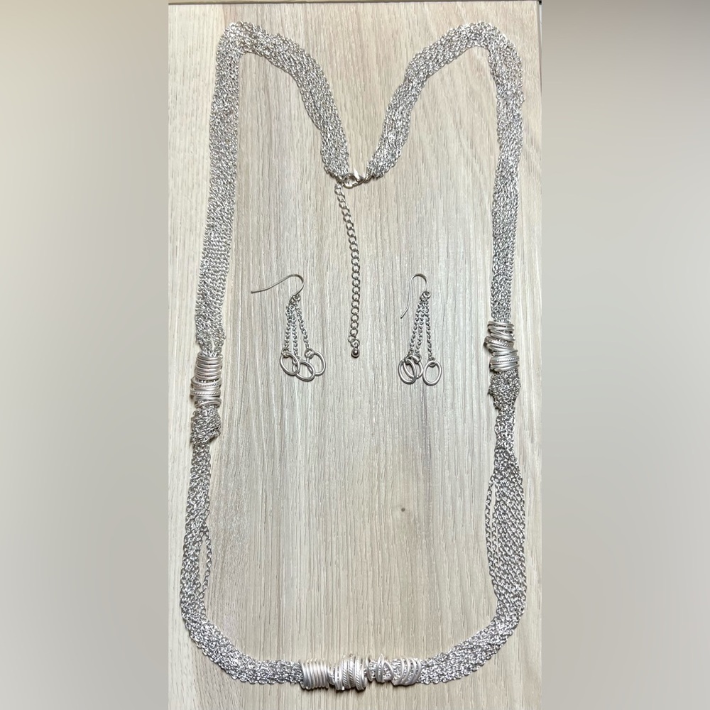 Silver Multi-Strand Necklace, Freely Moving Rings, Matching Dangle Earrings